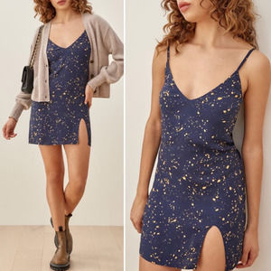 Reformation Womens Marlowe Slip Dress Blue Paint Splatter Slit Mini Sexy Medium